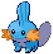 mudkip pixel art of mudkip from pokemon. a small blue fish-like quadrupedal creature with a large extending fin on its head and backside, as well as bright orange fins on each facial cheek.